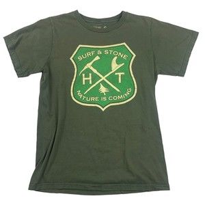Womens Hippy Tree Green Surf and Stone Logo T-Shirt S Cotton Crew Boho Casual